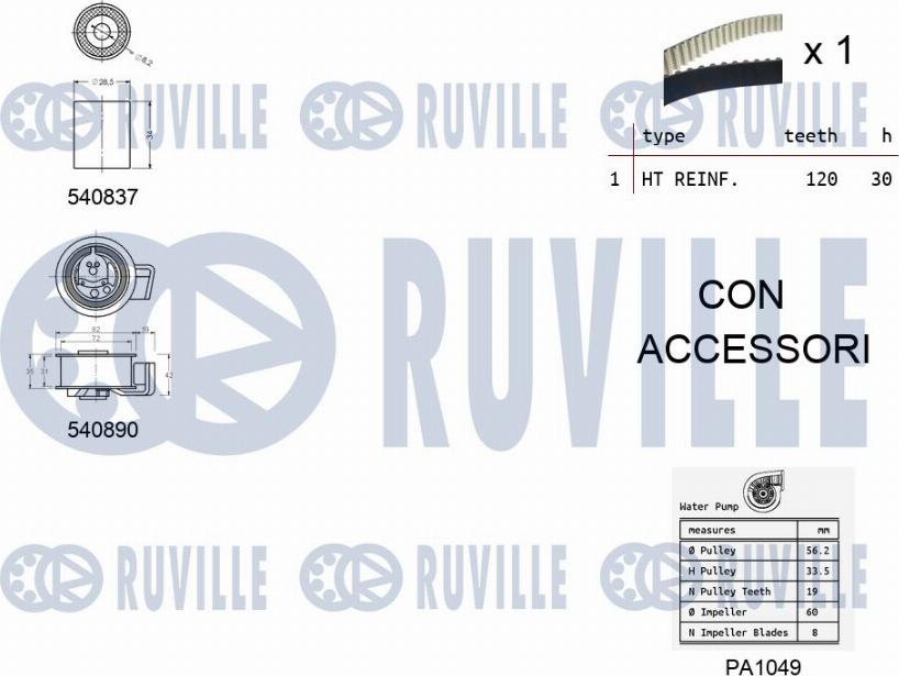 Ruville 5501372 - Водяной насос + комплект зубчатого ремня ГРМ autospares.lv