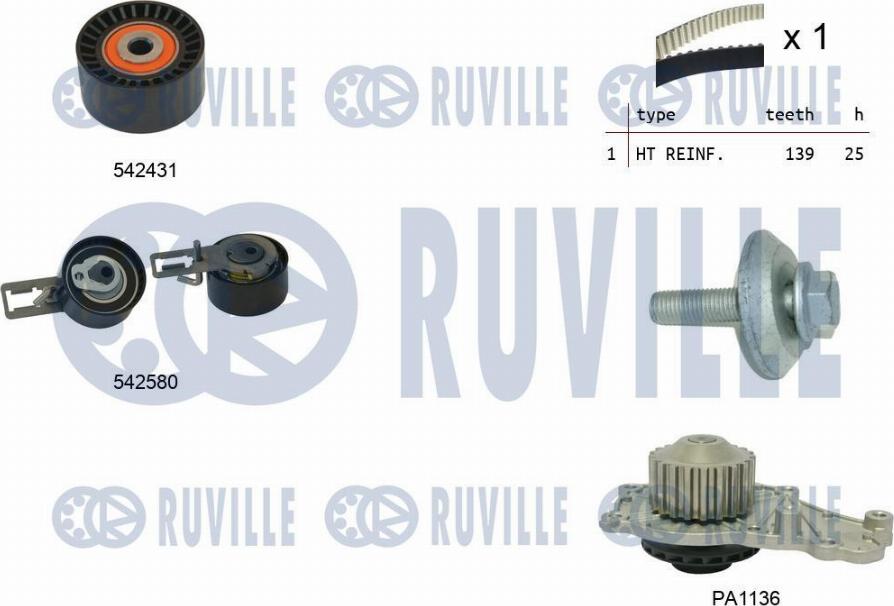 Ruville 5503861 - Водяной насос + комплект зубчатого ремня ГРМ autospares.lv