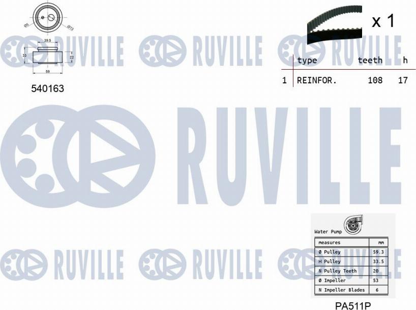 Ruville 5503281 - Водяной насос + комплект зубчатого ремня ГРМ autospares.lv