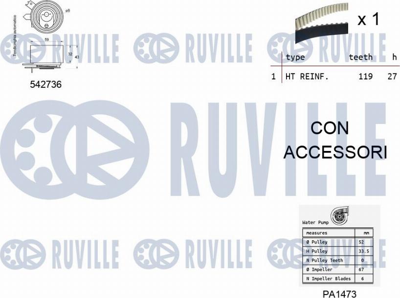 Ruville 5505011 - Водяной насос + комплект зубчатого ремня ГРМ autospares.lv