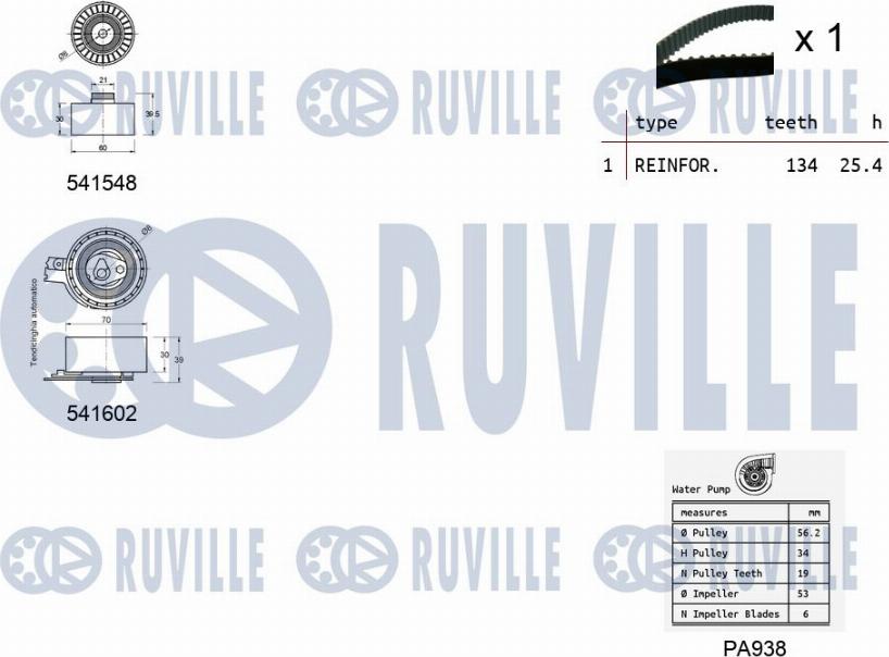 Ruville 5502861 - Водяной насос + комплект зубчатого ремня ГРМ autospares.lv