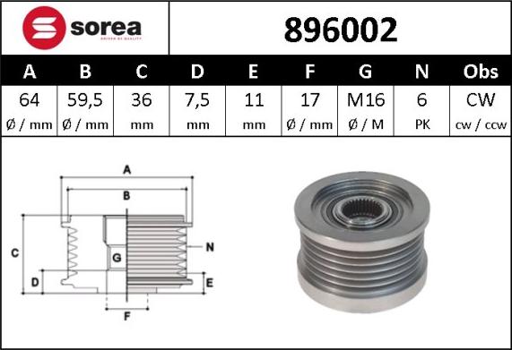 Sera 896002 - Шкив генератора, муфта autospares.lv