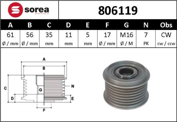 Sera 806119 - Шкив генератора, муфта autospares.lv