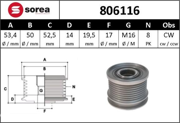 Sera 806116 - Шкив генератора, муфта autospares.lv