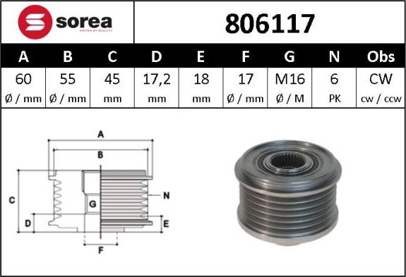 Sera 806117 - Шкив генератора, муфта autospares.lv