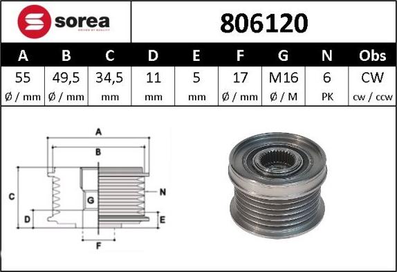 Sera 806120 - Шкив генератора, муфта autospares.lv