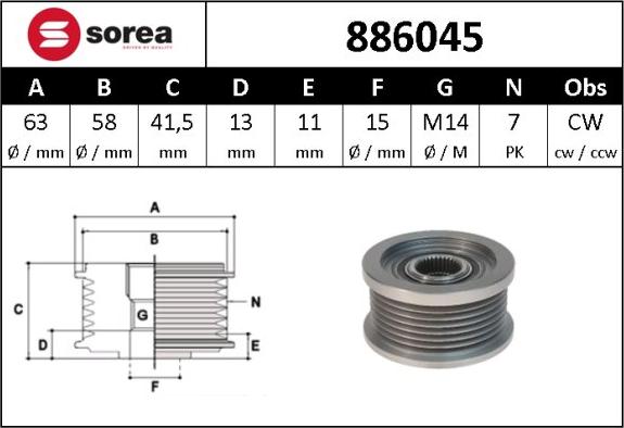 Sera 886045 - Шкив генератора, муфта autospares.lv