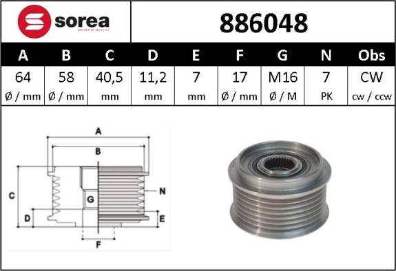 Sera 886048 - Шкив генератора, муфта autospares.lv