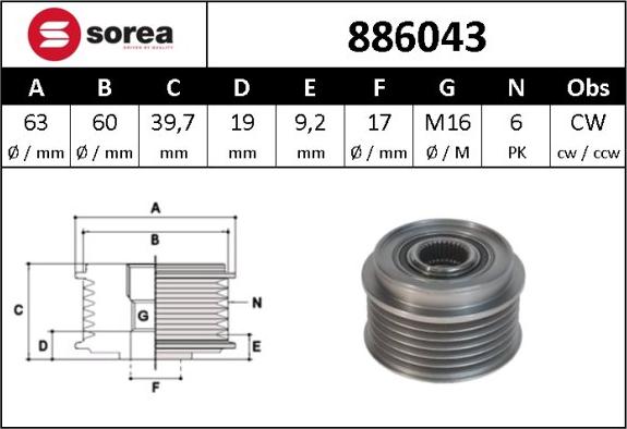 Sera 886043 - Шкив генератора, муфта autospares.lv