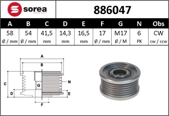 Sera 886047 - Шкив генератора, муфта autospares.lv