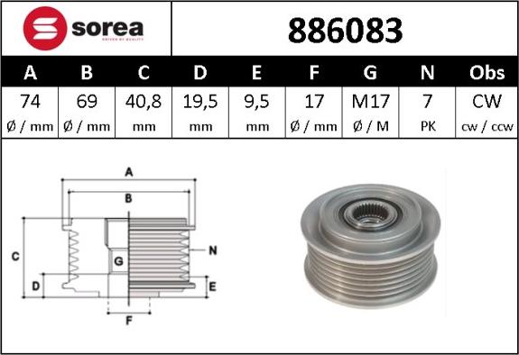 Sera 886083 - Шкив генератора, муфта autospares.lv