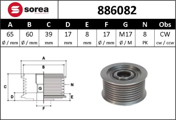 Sera 886082 - Шкив генератора, муфта autospares.lv