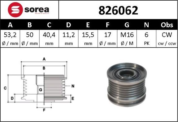 Sera 826062 - Шкив генератора, муфта autospares.lv