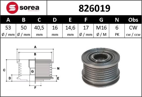 Sera 826019 - Шкив генератора, муфта autospares.lv