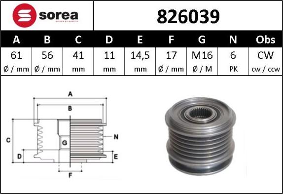 Sera 826039 - Шкив генератора, муфта autospares.lv