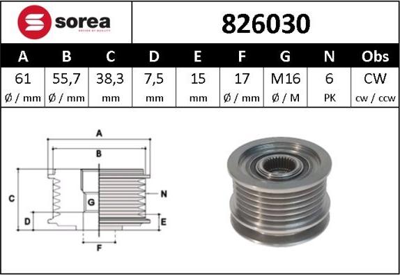 Sera 826030 - Шкив генератора, муфта autospares.lv