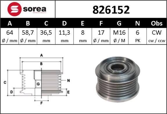 Sera 826152 - Шкив генератора, муфта autospares.lv