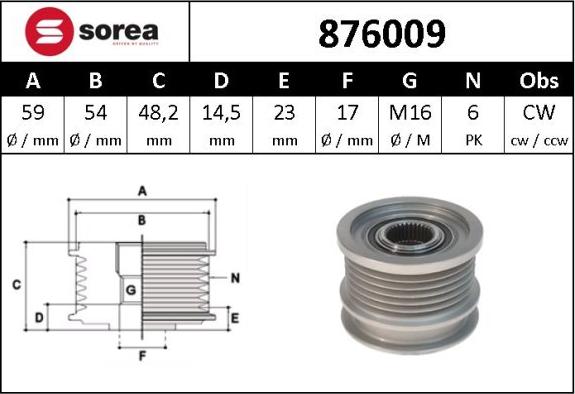 Sera 876009 - Шкив генератора, муфта autospares.lv