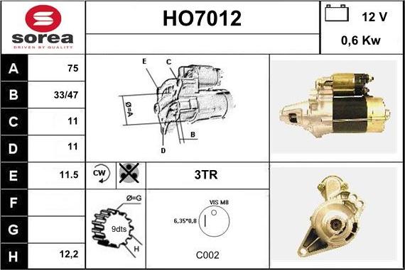 Sera HO7012 - Стартер autospares.lv