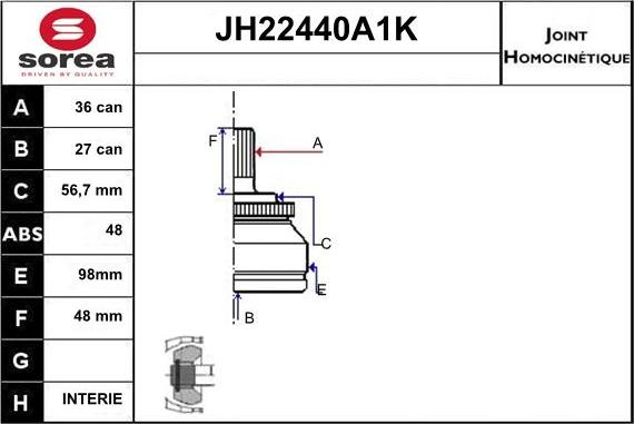 Sera JH22440A1K - Шарнирный комплект, ШРУС, приводной вал autospares.lv