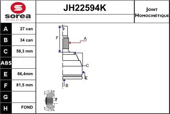 Sera JH22594K - Шарнирный комплект, ШРУС, приводной вал autospares.lv