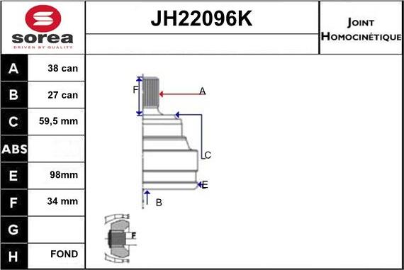 Sera JH22096K - Шарнирный комплект, ШРУС, приводной вал autospares.lv