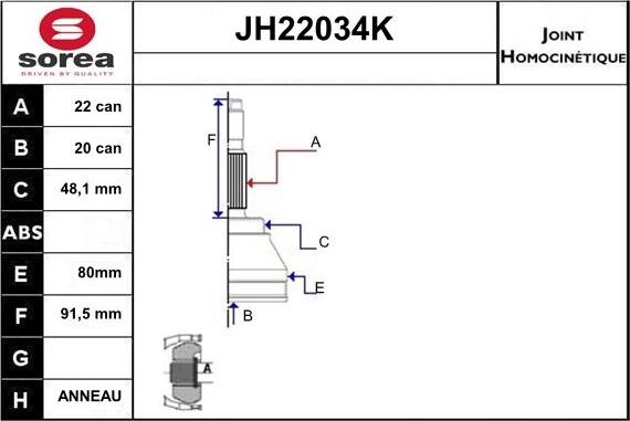 Sera JH22034K - Шарнирный комплект, ШРУС, приводной вал autospares.lv