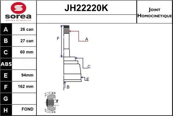 Sera JH22220K - Шарнирный комплект, ШРУС, приводной вал autospares.lv