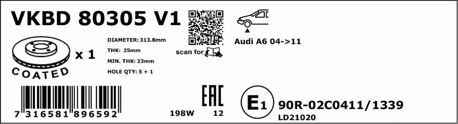 SKF VKBD 80305 V1 - Тормозной диск autospares.lv