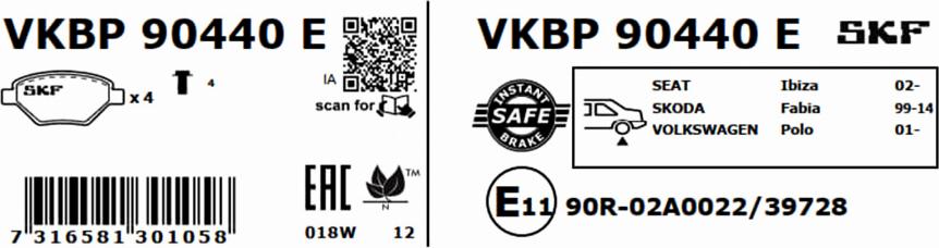 SKF VKBP 90440 E - Тормозные колодки, дисковые, комплект autospares.lv