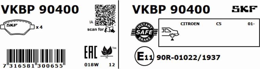 SKF VKBP 90400 - Тормозные колодки, дисковые, комплект autospares.lv