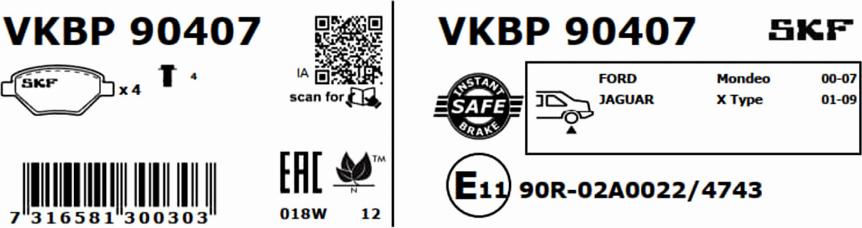 SKF VKBP 90407 - Тормозные колодки, дисковые, комплект autospares.lv