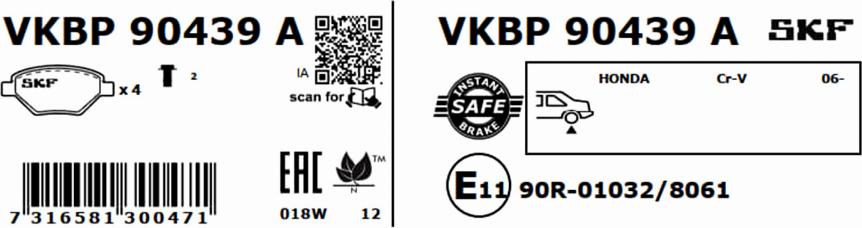 SKF VKBP 90439 A - Тормозные колодки, дисковые, комплект autospares.lv