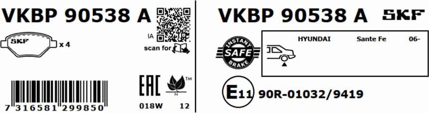 SKF VKBP 90538 A - Тормозные колодки, дисковые, комплект autospares.lv