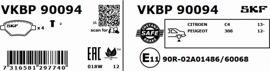 SKF VKBP 90094 - Тормозные колодки, дисковые, комплект autospares.lv