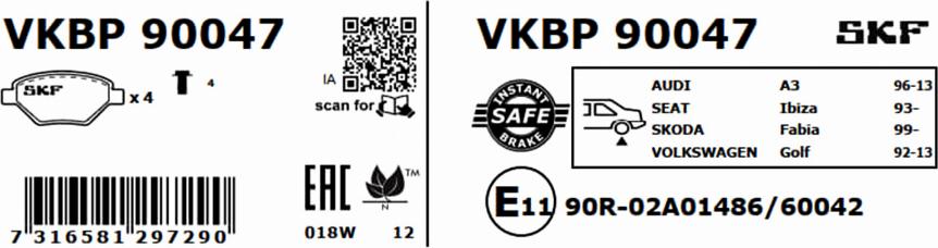 SKF VKBP 90047 - Тормозные колодки, дисковые, комплект autospares.lv