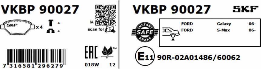 SKF VKBP 90027 - Тормозные колодки, дисковые, комплект autospares.lv