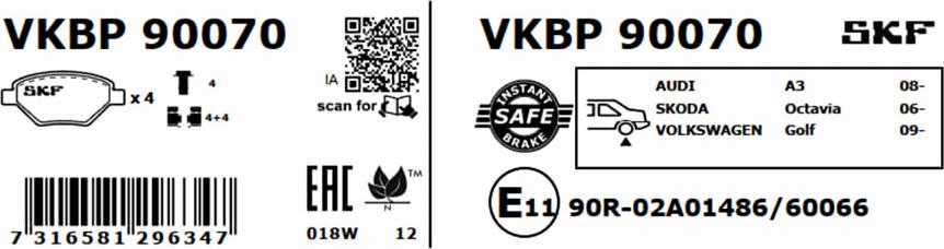 SKF VKBP 90070 - Тормозные колодки, дисковые, комплект autospares.lv