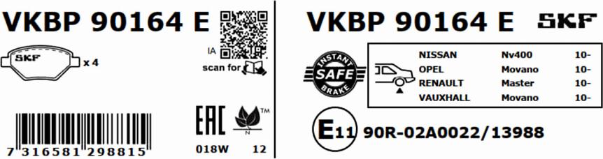 SKF VKBP 90164 E - Тормозные колодки, дисковые, комплект autospares.lv