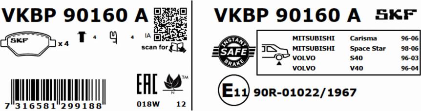 SKF VKBP 90160 A - Тормозные колодки, дисковые, комплект autospares.lv