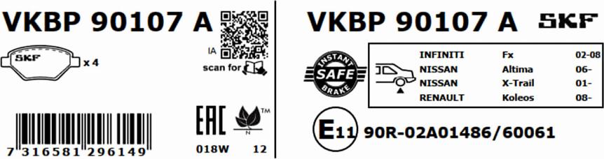 SKF VKBP 90107 A - Тормозные колодки, дисковые, комплект autospares.lv