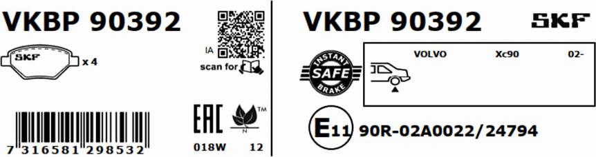 SKF VKBP 90392 - Тормозные колодки, дисковые, комплект autospares.lv