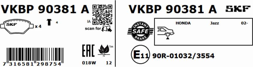 SKF VKBP 90381 A - Тормозные колодки, дисковые, комплект autospares.lv