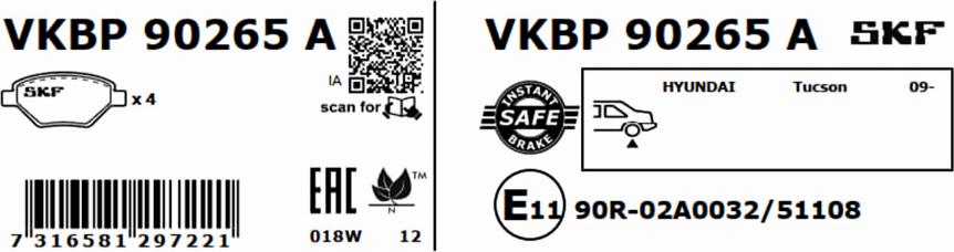 SKF VKBP 90265 A - Тормозные колодки, дисковые, комплект autospares.lv