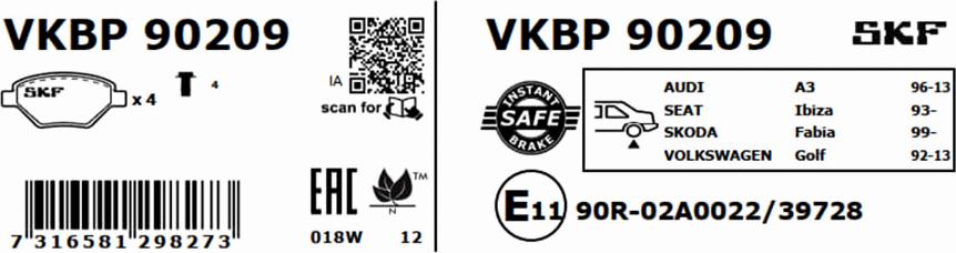 SKF VKBP 90209 - Тормозные колодки, дисковые, комплект autospares.lv