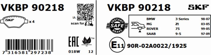 SKF VKBP 90218 - Тормозные колодки, дисковые, комплект autospares.lv