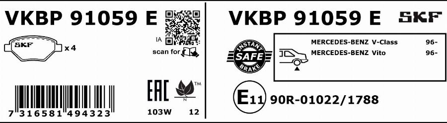 SKF VKBP 91059 E - Тормозные колодки, дисковые, комплект autospares.lv