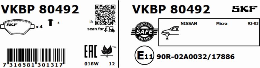 SKF VKBP 80492 - Тормозные колодки, дисковые, комплект autospares.lv