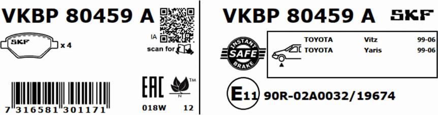 SKF VKBP 80459 A - Тормозные колодки, дисковые, комплект autospares.lv