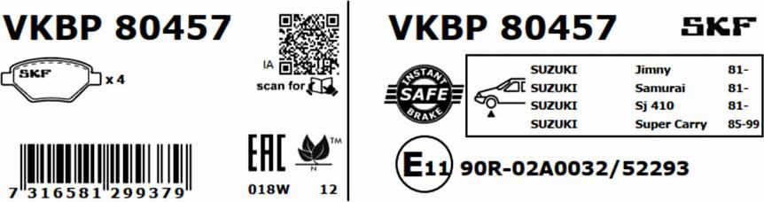 SKF VKBP 80457 - Тормозные колодки, дисковые, комплект autospares.lv